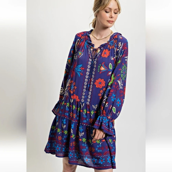 New! Easel Boho Flower Floral Blue Long Sleeve Dress - Picture 3 of 6